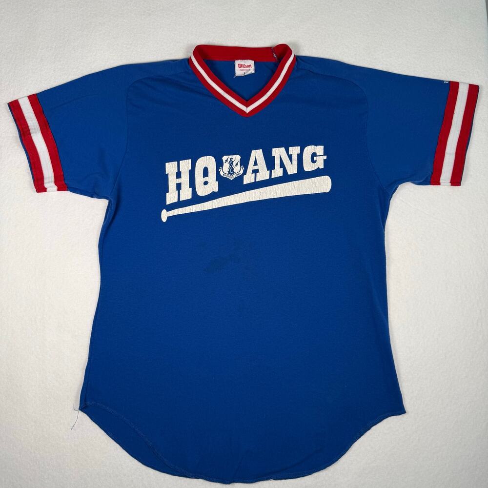 VTG 80s Wilson Baseball Jersey Mens L Blue HQ ANG Air National Guard Made In USA